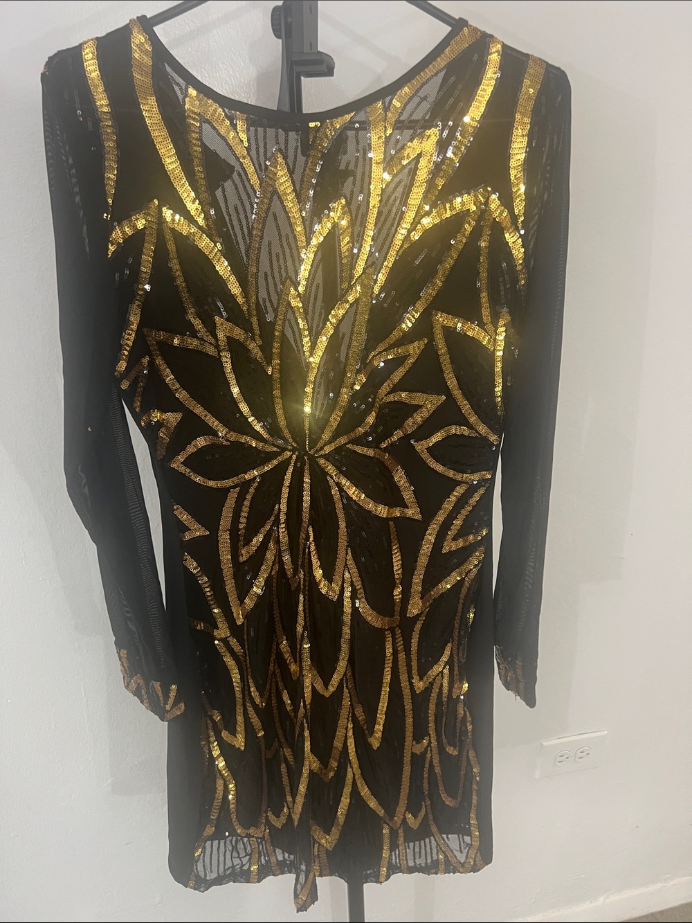 Women's Black Dress with Gold Sequin Floral Design